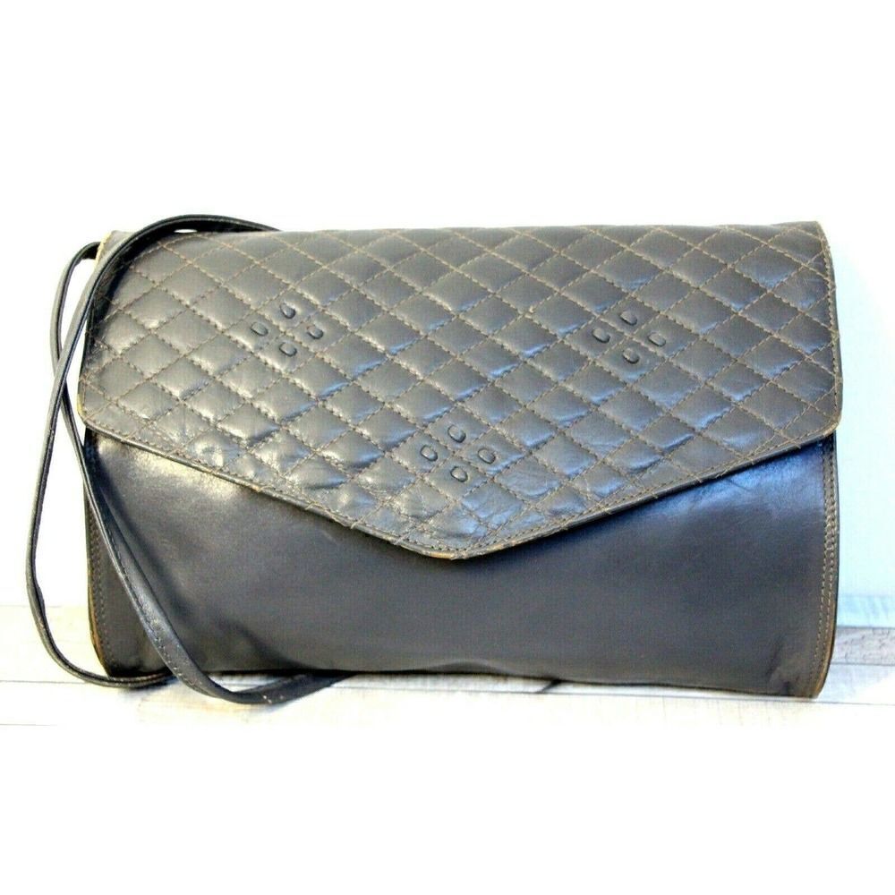 LITTLE DAISY ITALY GRAY GENUINE LEATHER QUILTED FLAP X-BODY SHOULDER BAG CLUTCH